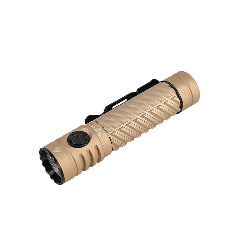 The Acebeam EC20, a tan cylindrical EDC flashlight with a black clip and large side power button, is displayed on a white background—perfect for outdoor adventures.