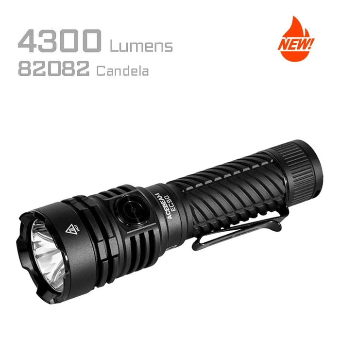 Black tactical flashlight labeled "Acebeam EC90" features a powerful SFT-90X LED, delivering 4300 lumens and 82082 candela for long-range EDC use; "NEW!" icon appears in the upper right corner.