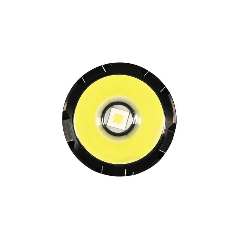 A close-up, top-down view of the Acebeam EC90 LED flashlight bulb, featuring its circular yellow phosphor coating and central diode.