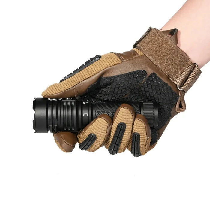 A hand wearing a brown and black tactical glove holds the Acebeam EC90, a black EDC flashlight with 4300 lumens, against a plain white background.