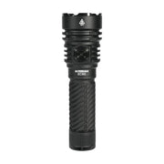 A black Acebeam EC90 EDC flashlight with a textured grip and single front button stands upright on a white background, ready to deliver up to 4300 lumens of powerful illumination.
