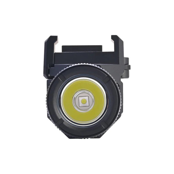 Close-up of the Acebeam G10 Rail Mounted Light, featuring a circular LED with a black mounting bracket and a quick detach tactical design, set against a white background.