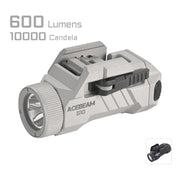 The Acebeam G10 Rail Mounted Light, in silver, delivers 600 lumens and 10,000 candela. An inset image shows its quick detach function as a tactical light mounted on a firearm for improved precision.
