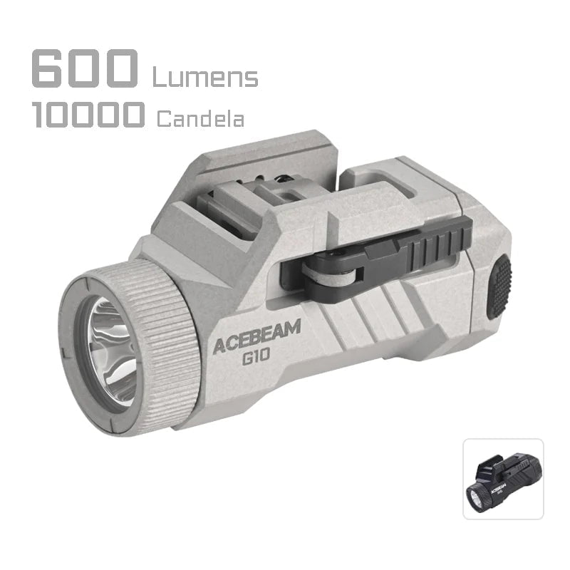 The Acebeam G10 Rail Mounted Light, in silver, delivers 600 lumens and 10,000 candela. An inset image shows its quick detach function as a tactical light mounted on a firearm for improved precision.