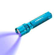 A blue Acebeam K1 EDC Flashlight, featuring three light sources, projects a vivid cyan 488nm beam against a white background.