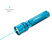 The Acebeam K1 EDC Flashlight features three light sources and emits a focused 488nm cyan beam, with all settings clearly visible on the device head.