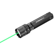 A black Acebeam K1 EDC Flashlight with Three Light Sources projects a vivid green laser beam onto a white background and includes USB-C rechargeable functionality.