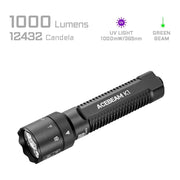 The Acebeam K1 EDC Flashlight with Three Light Sources delivers 1000 lumens, 12,432 candela, UV (1000mW/365nm), and a green beam. USB-C rechargeable, shown black on white with feature highlights.