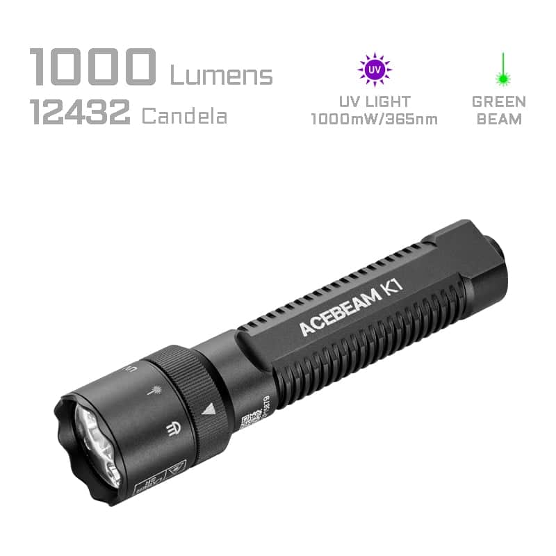 The Acebeam K1 EDC Flashlight with Three Light Sources delivers 1000 lumens, 12,432 candela, UV (1000mW/365nm), and a green beam. USB-C rechargeable, shown black on white with feature highlights.