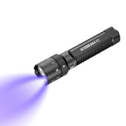 A black Acebeam K1 EDC Flashlight with three light sources, including a purple beam, shown against a white background and featuring USB-C rechargeable convenience.
