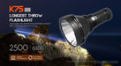 Acebeam K75 2.0 flashlight with lumen, distance and LED specs..