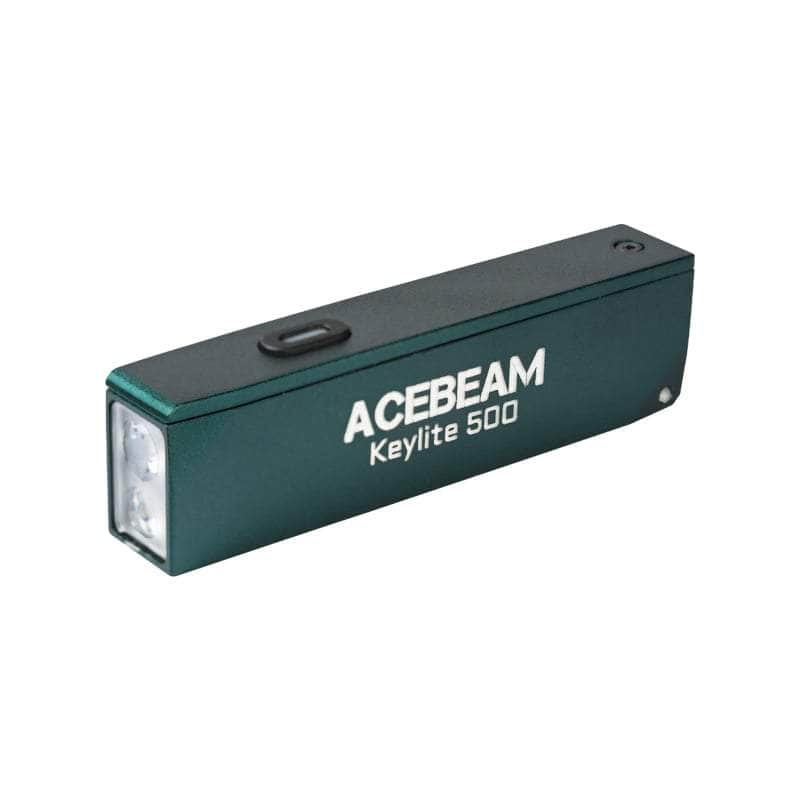 The Acebeam Keylite 500 USB-C Keychain Light is a rectangular green flashlight with dual LEDs and a side button, offering portable lighting and easy recharging, shown on a white background.