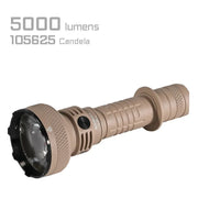 The Acebeam L35 2.0 Tactical Flashlight, shown in tan with a black lens bezel, uses a CREE XHP70.3 HI LED and features “5000 lumens, 105625 candela” as highlighted in the text.
