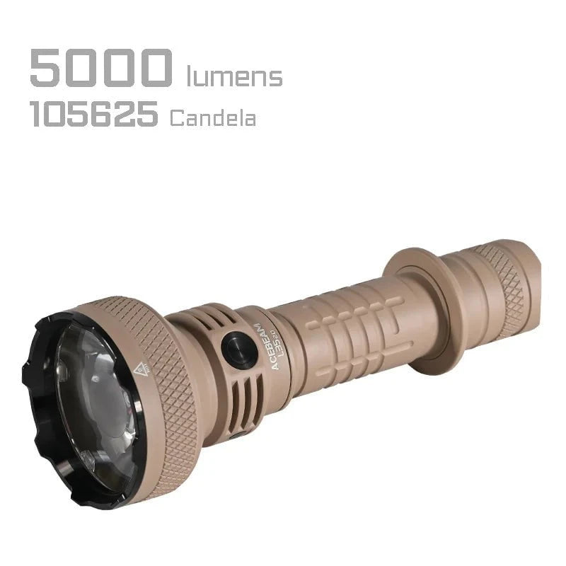The Acebeam L35 2.0 Tactical Flashlight, shown in tan with a black lens bezel, uses a CREE XHP70.3 HI LED and features “5000 lumens, 105625 candela” as highlighted in the text.