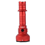 The Acebeam L35 2.0 Tactical Flashlight CREE XHP70.3 HI, red and cylindrical with a textured grip and large front lens, delivers 5000 lumens brilliance and stands upright on a white background.