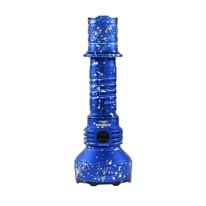 The Acebeam L35 2.0 Tactical Flashlight CREE XHP70.3 HI, a blue handheld light with white speckles and up to 5000 lumens, stands upright on a white background.