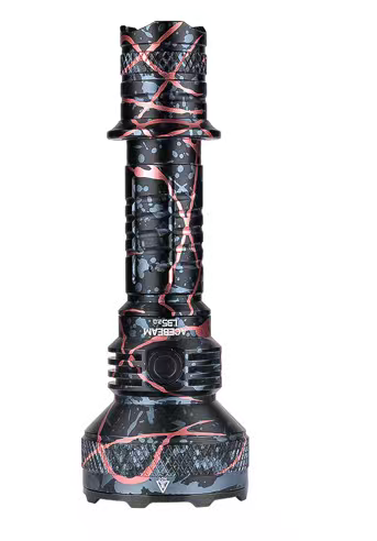 The Acebeam L35 2.0 Tactical Flashlight CREE XHP70.3 HI, featuring a striking black and red pattern and a powerful 5000 lumens CREE XHP70.3 HI LED, stands upright on a white background.