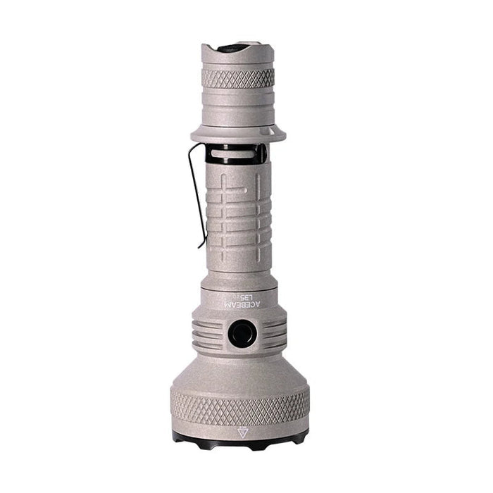 The Acebeam L35 2.0 Tactical Flashlight, equipped with a CREE XHP70.3 HI LED, offers powerful illumination with up to 5000 lumens. It features a gray design with a textured grip, belt clip, and a prominent on/off button for easy handling in demanding situations.