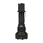 The Acebeam L35 2.0 Tactical Flashlight, equipped with a CREE XHP70.3 HI LED and delivering 5000 lumens of brightness, features a textured grip and clip as it stands upright against a white background.