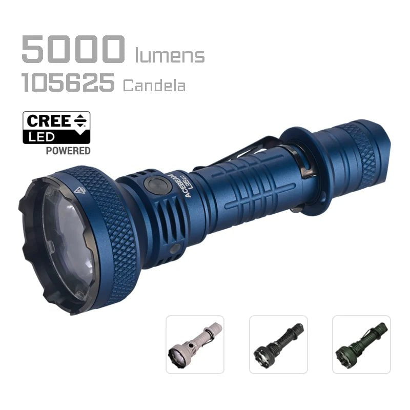 Explore the Acebeam L35 2.0 Tactical Flashlight, equipped with a blue LED providing 5000 lumens and 105625 candela, utilizing CREE XHP70.3 HI LED technology. Check out images of different color variants to meet all your lighting needs.