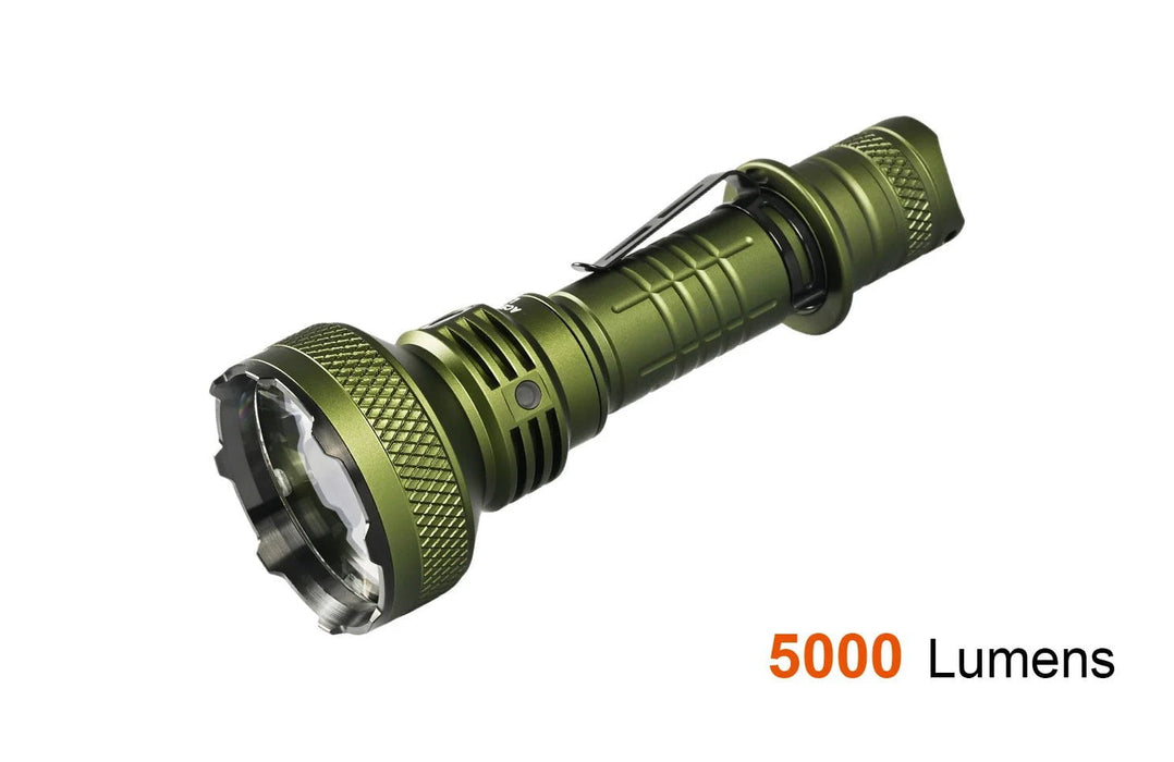 A bright Acebeam L35 tactical flashlight with the words 5000 lumens on it.