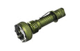 A tactical flashlight, the Acebeam L35, shines brightly in a vibrant green hue against a clean white background.