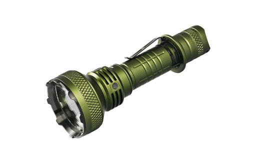 A tactical flashlight, the Acebeam L35, shines brightly in a vibrant green hue against a clean white background.