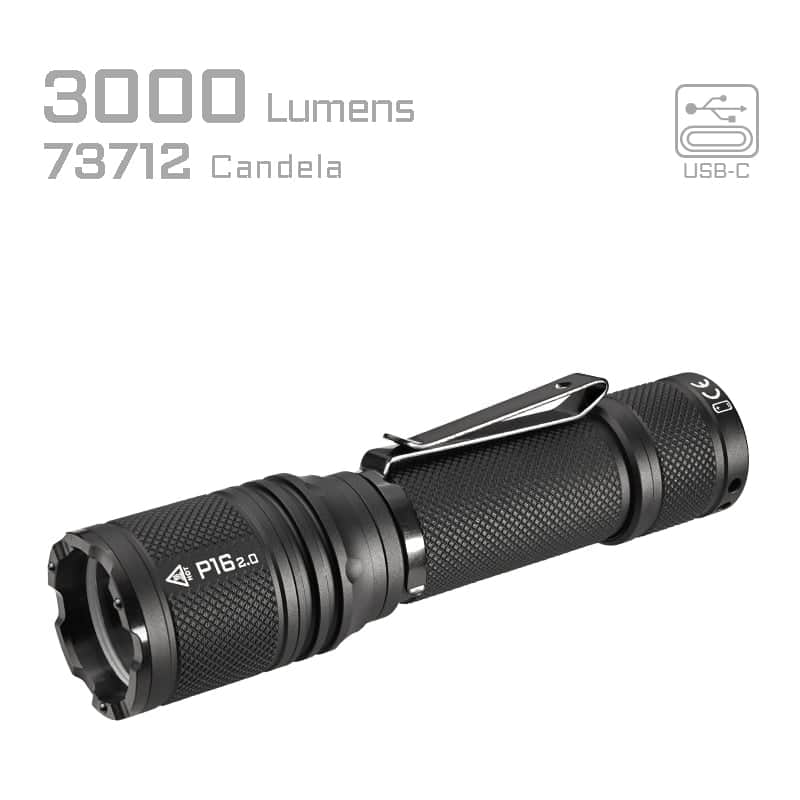 The Acebeam P16 2.0 Dual Tail Switch Tactical Flashlight offers a knurled grip, outputs 3000 lumens and 73,712 candela for long-range use, and features a USB-C charging port.