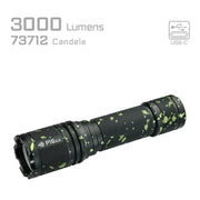 The Acebeam P16 2.0 Dual Tail Switch Tactical Flashlight is black with green speckles, delivers 3000 lumens, features 73712 candela for long range, a dual tail switch design, and convenient USB-C charging.