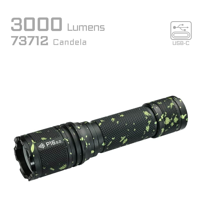The Acebeam P16 2.0 Dual Tail Switch Tactical Flashlight is black with green speckles, delivers 3000 lumens, features 73712 candela for long range, a dual tail switch design, and convenient USB-C charging.