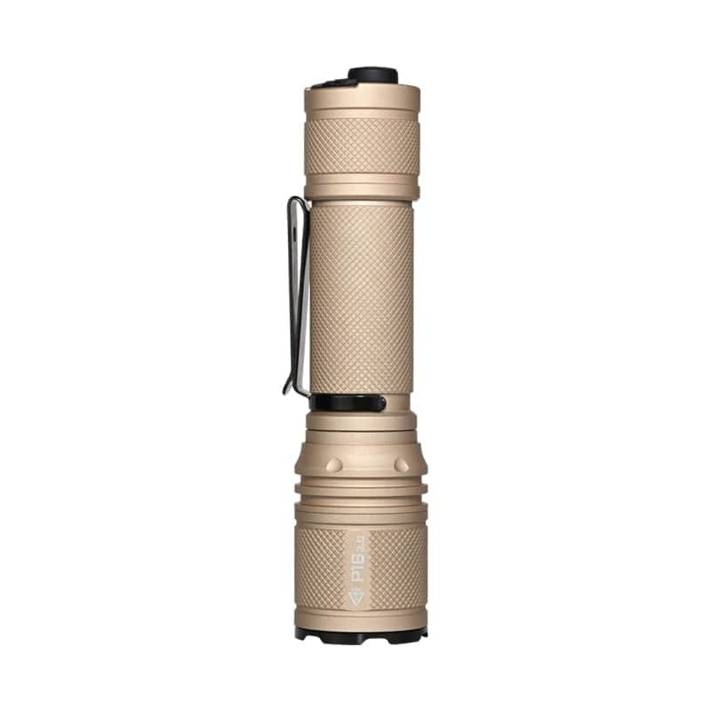 The Acebeam P16 2.0 is a tan metal tactical flashlight featuring dual tail switches, a textured grip, black pocket clip, and a top push-button.