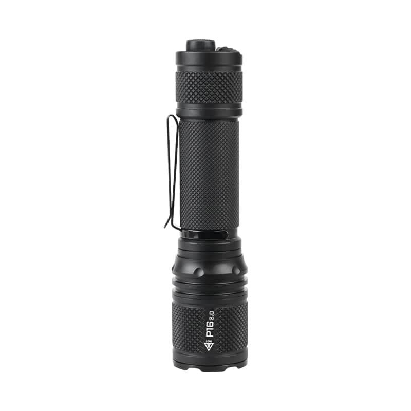 The Acebeam P16 2.0 Dual Tail Switch Tactical Flashlight is a black, portable 3000-lumen flashlight with a textured grip, side pocket clip, and an end cap power button for reliable brightness on the go.