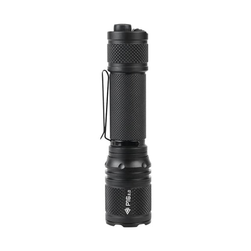 The Acebeam P16 2.0 Dual Tail Switch Tactical Flashlight is a black, portable 3000-lumen flashlight with a textured grip, side pocket clip, and an end cap power button for reliable brightness on the go.
