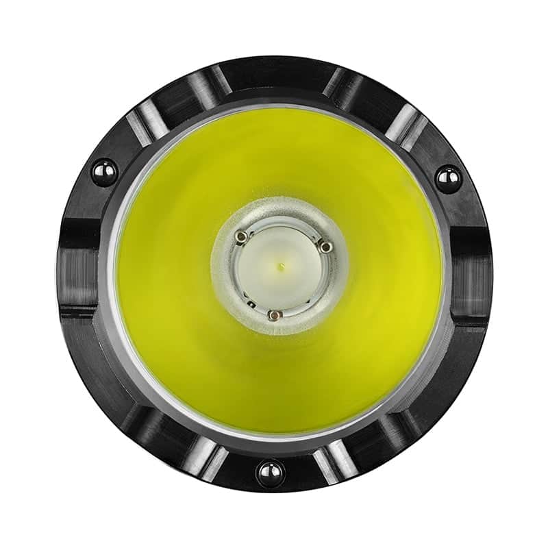 Close-up, top-down view of the Acebeam P16 2.0 Dual Tail Switch Tactical Flashlight’s LED bulb, featuring a yellow circular center and metallic rim with four securing screws—resembling typical long-range flashlight design.