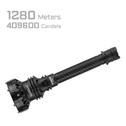 A black Acebeam P20 flashlight is displayed with the text "1280 Meters, 409600 Candela, IP68 rating," highlighting its impressive range, powerful intensity, and robust durability.