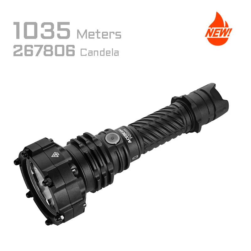 The Acebeam P20 Mini black rechargeable tactical flashlight features a rugged handle and is labeled “1035 Meters” and “267806 Candela”; a “NEW!” icon in the top right corner emphasizes its impressive long-distance illumination capabilities.