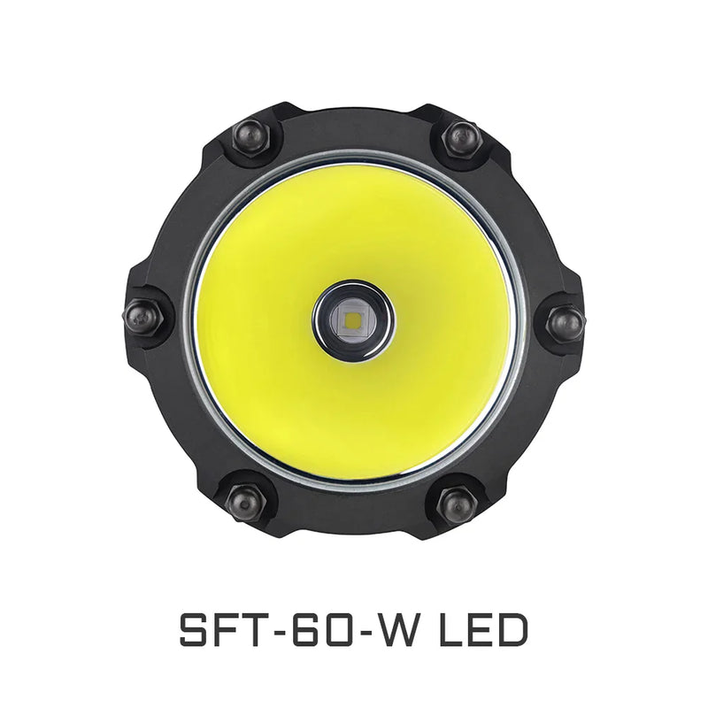 Front view of a circular Acebeam P20 Mini LED light with a yellow center, black housing, six screws, and “Acebeam P20 Mini” text below—designed as a long-distance rechargeable flashlight ideal for tactical use.