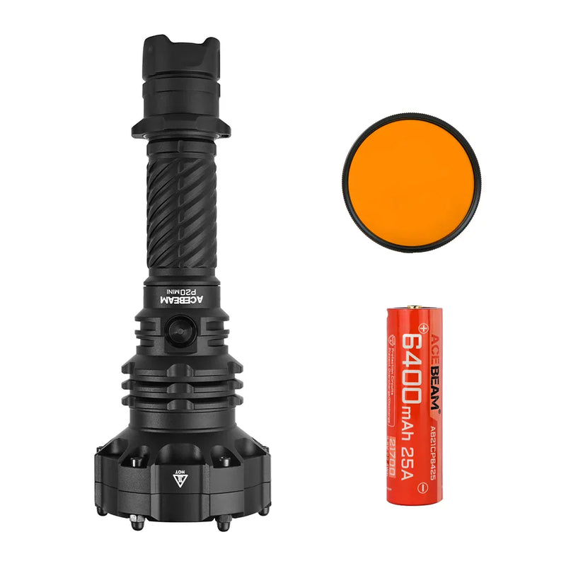 The Acebeam P20 Mini, a black tactical flashlight designed for long-distance illumination, is displayed with an orange filter and a red 6400mAh rechargeable battery against a white background.