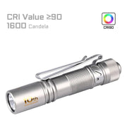 The Acebeam Pokelit AA Ti (Limited Edition) is a titanium EDC flashlight featuring a "10th Anniversary" logo, showcasing a CRI value of ≥90, NICHIA 519A LED, and 1600 candela brightness.