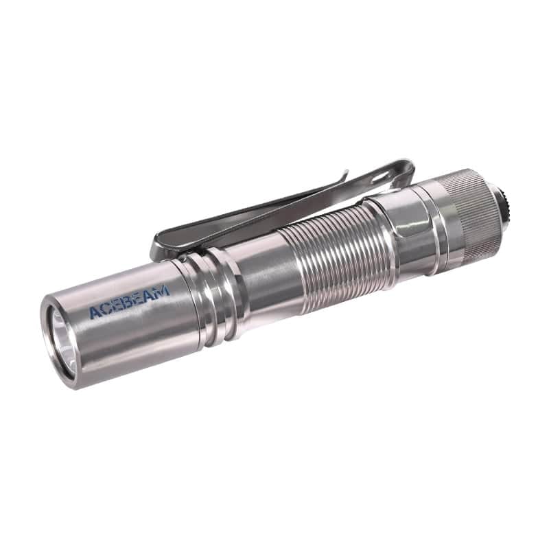 The Acebeam Pokelit AA Titanium Alloy Natural is a titanium EDC flashlight with a cylindrical metal body, ribbed grip, pocket clip, and tail push button—ideal for everyday carry.