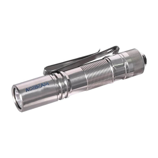 The Acebeam Pokelit AA Titanium Alloy Natural is a titanium EDC flashlight with a cylindrical metal body, ribbed grip, pocket clip, and tail push button—ideal for everyday carry.