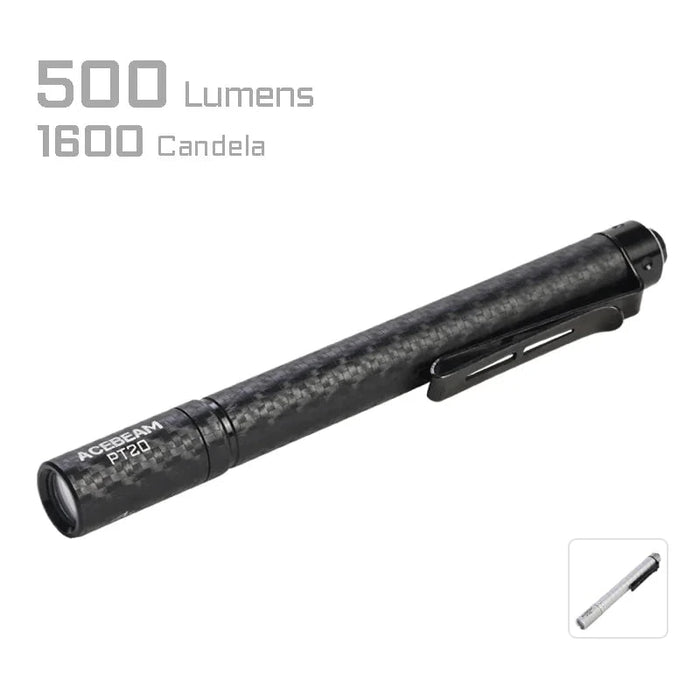 A compact black flashlight labeled "Acebeam PT20" with an attached clip, offering 500 lumens and 1600 candela.