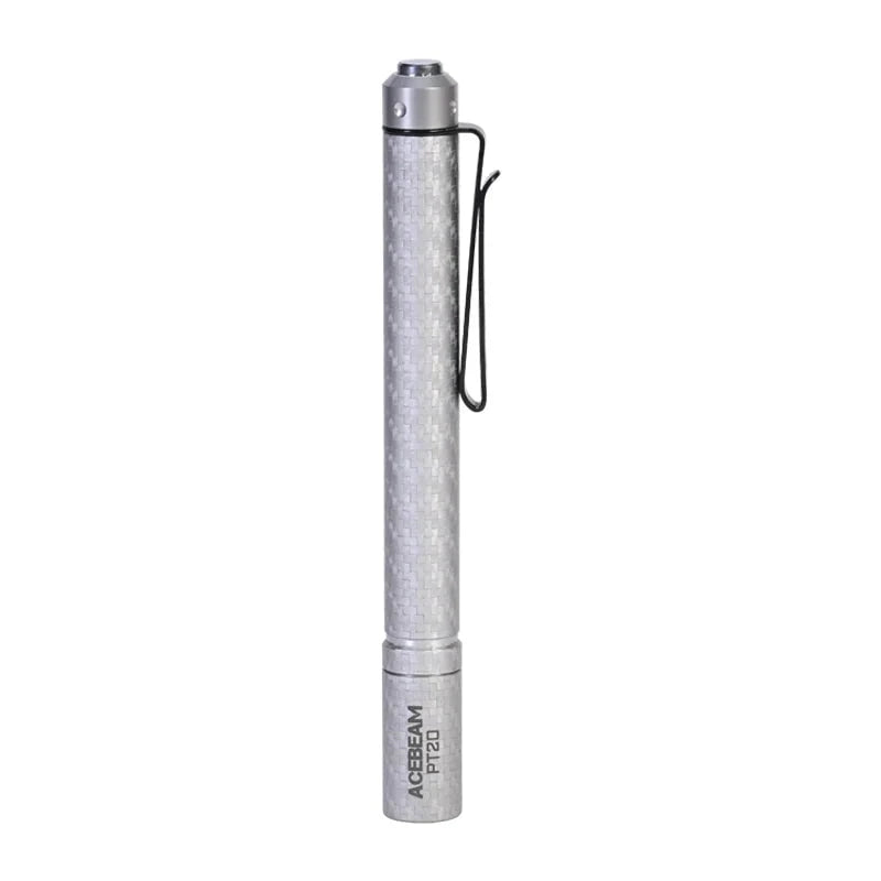 A silver, cylindrical flashlight with a clip, branded as "Acebeam PT20," is shown standing upright against a white background.