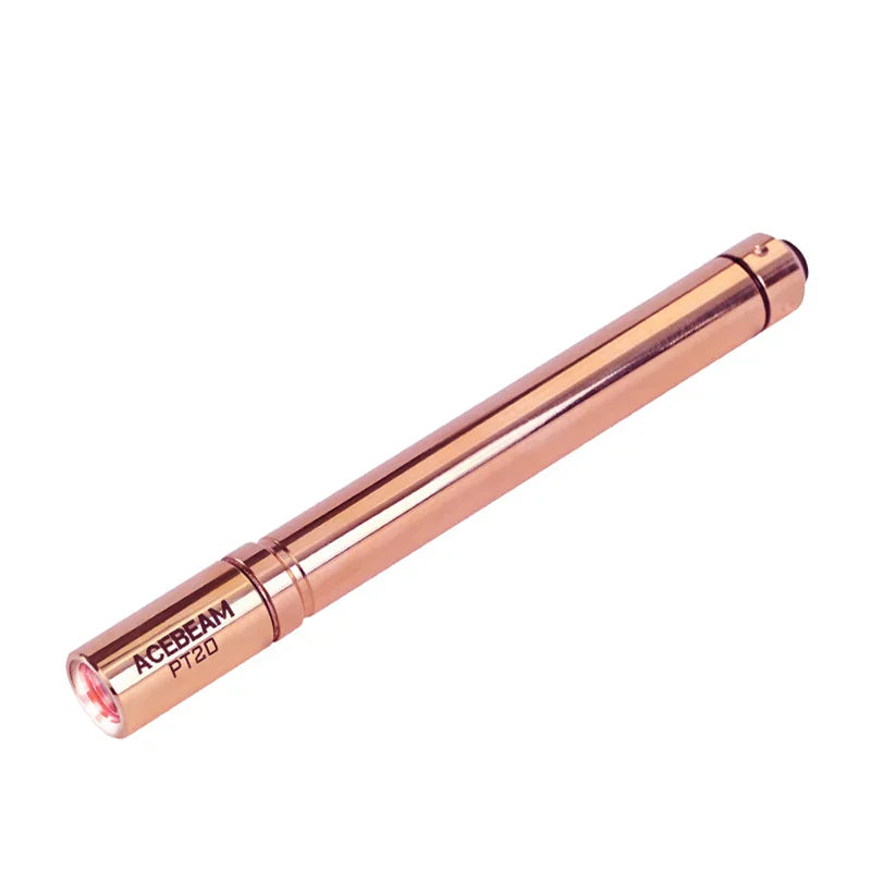 A copper-colored Acebeam PT20 EDC penlight is shown on a white background with its lens facing forward and the body displaying the product name.