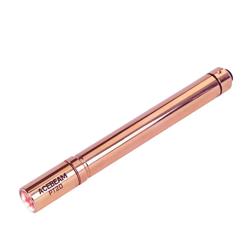 A copper-colored Acebeam PT20 EDC penlight is shown on a white background with its lens facing forward and the body displaying the product name.