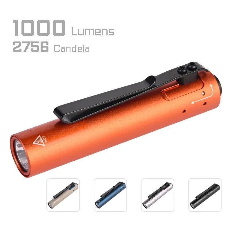 The Acebeam Rider RX 2.0 is an orange high-performance flashlight with 1000 lumens, 2756 candela brightness, and a black clip. It features a rechargeable Li-ion battery and comes with small images of the flashlight in beige, dark blue, black, and silver—ideal for EDC enthusiasts.