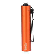 The Acebeam Rider RX 2.0 flashlight, in orange with a black clip and top button, stands upright and features a rechargeable Li-ion battery. The text "Rider RX2" on the side highlights its versatility as a high-performance EDC flashlight.