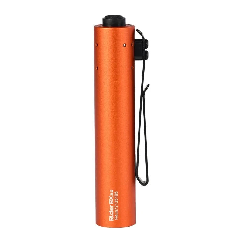 The Acebeam Rider RX 2.0 flashlight, in orange with a black clip and top button, stands upright and features a rechargeable Li-ion battery. The text "Rider RX2" on the side highlights its versatility as a high-performance EDC flashlight.