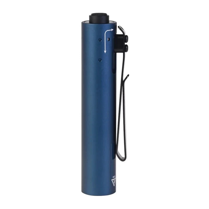 The Acebeam Rider RX 2.0 is a blue cylindrical flashlight with a black clip and top button, shown upright against a white background. It's a high-performance tool designed to ensure reliability on any adventure.