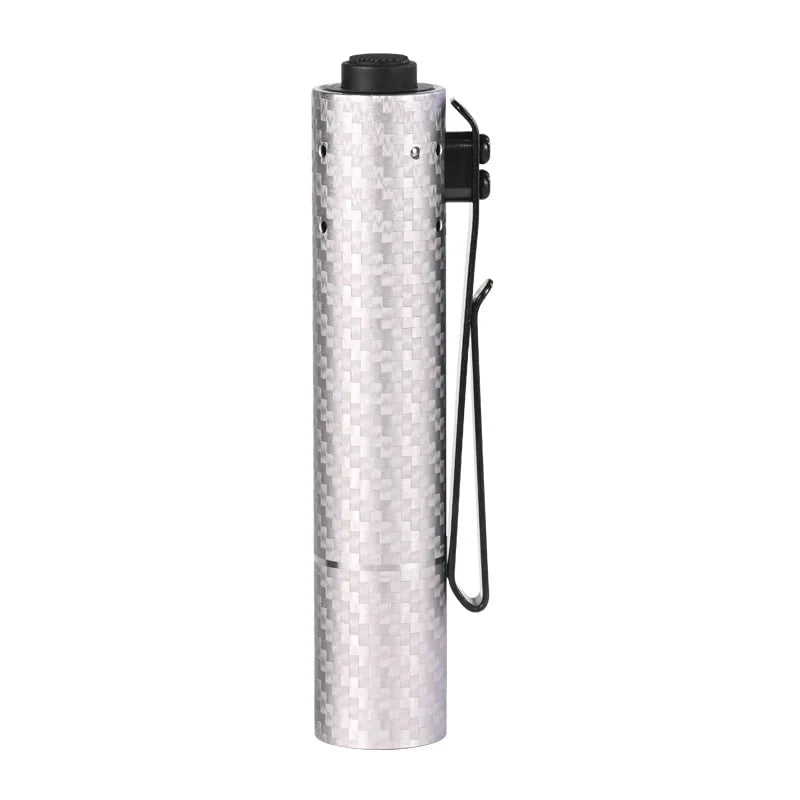 The Acebeam Rider RX 2.0 is a high-performance silver carbon fiber flashlight with a black clip and button, featuring a rechargeable Li-ion battery for optimal everyday carry convenience.